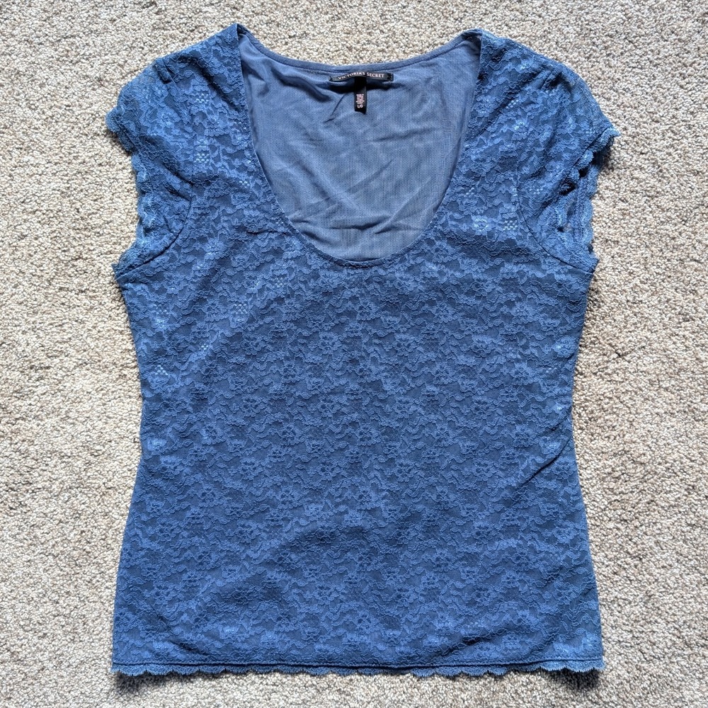 Victoria's Secret VS Size L Lace Scoop Neck Top Cap Sleeve Blue Lingerie